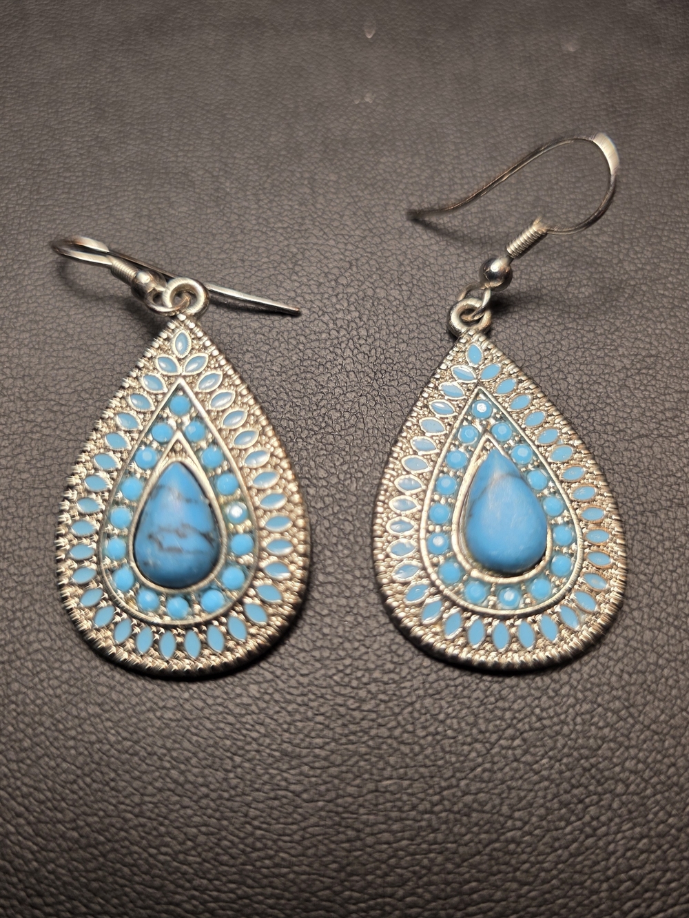 Turquoise Tone Teardrop Filigree Dangle Earrings - Blue